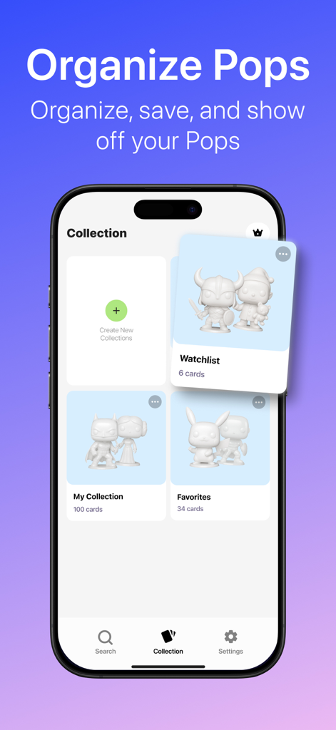 Captura de pantalla de la pantalla de gestión de colecciones en la aplicación Price Scanner for Funko Pop que muestra categorías como Lista de seguimiento y Favoritos.