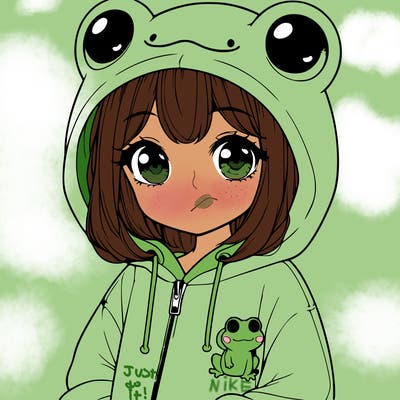 cute realistic girl in a froggy hoodie