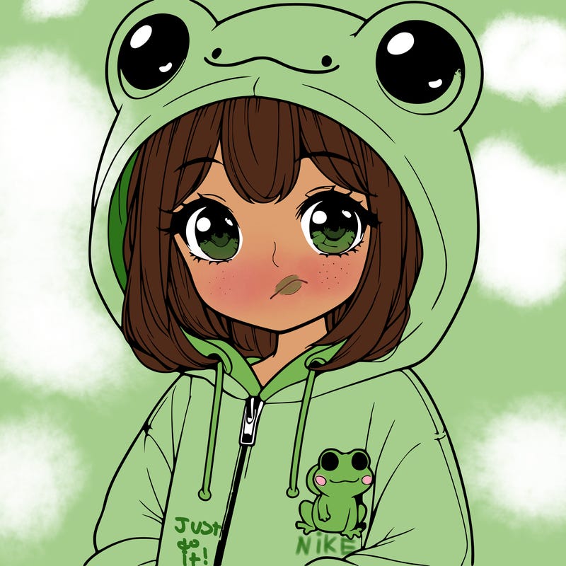 cute realistic girl in a froggy hoodie