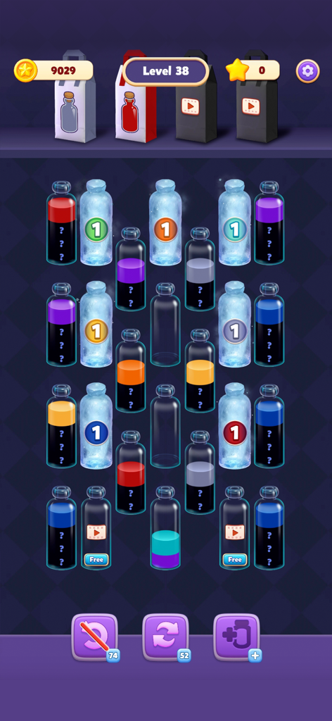 Water Match ASMR water sort level 38 with colorful bottles and game interface