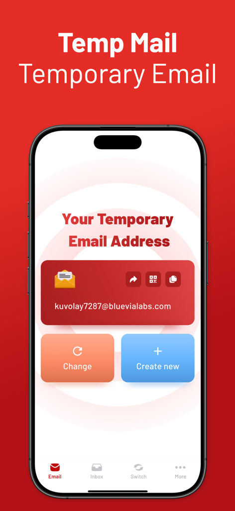 Temp Mail - Temp Mail app interface displaying a generated temporary email address with buttons to change or create a new one.