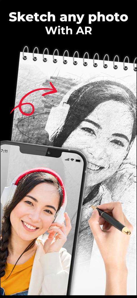 Pencil Sketch Photo Editor - AR drawing feature in Pencil Sketch Photo Editor app showing a photo being transformed into a sketch on a notepad.