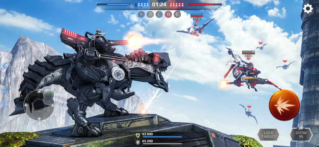 Jurassic Monster World 3D FPS - A mechanized T-Rex firing a cannon at flying dinosaurs in a 3D FPS battle arena