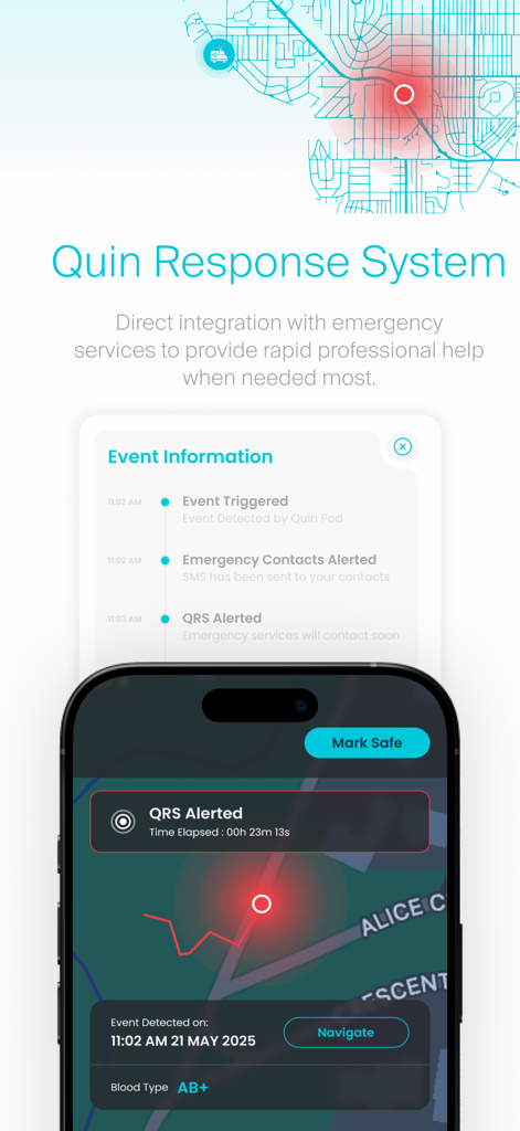Quin Within - Quin Within app interface showing the Quin Response System with emergency alert timeline and location map