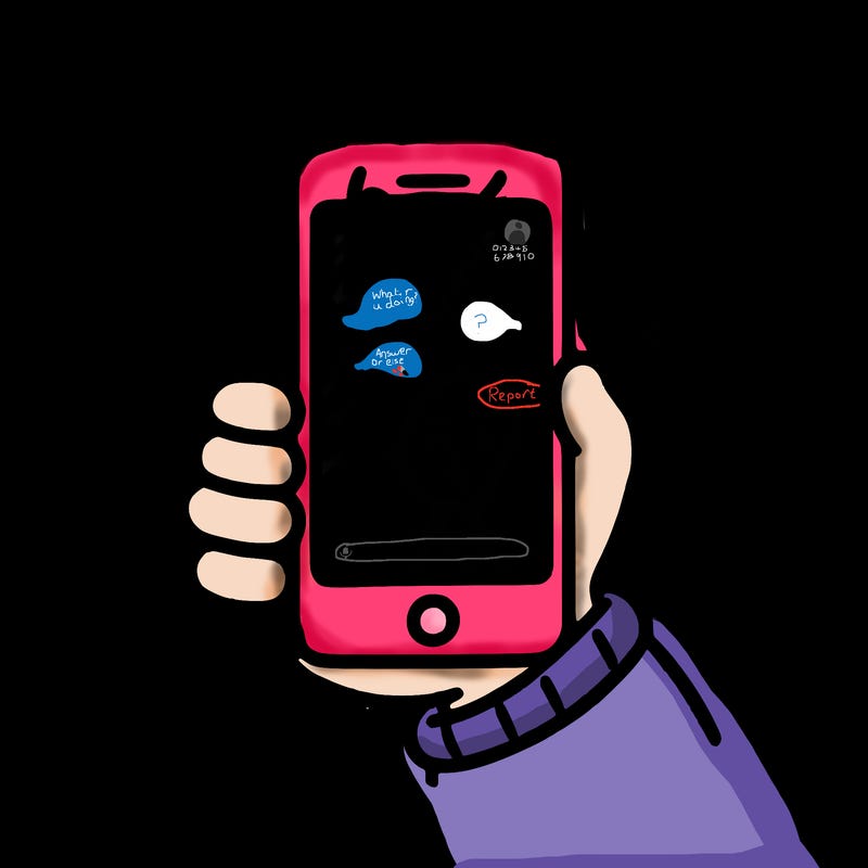 a iphone that has a blank screen with a boy’s hand holding it