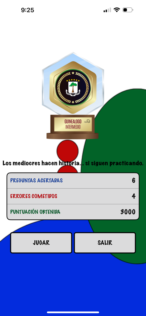 Guinealogia - Pantalla de resultados de la aplicación Guinealogia que muestra el trofeo intermedio y las puntuaciones del concurso de trivia