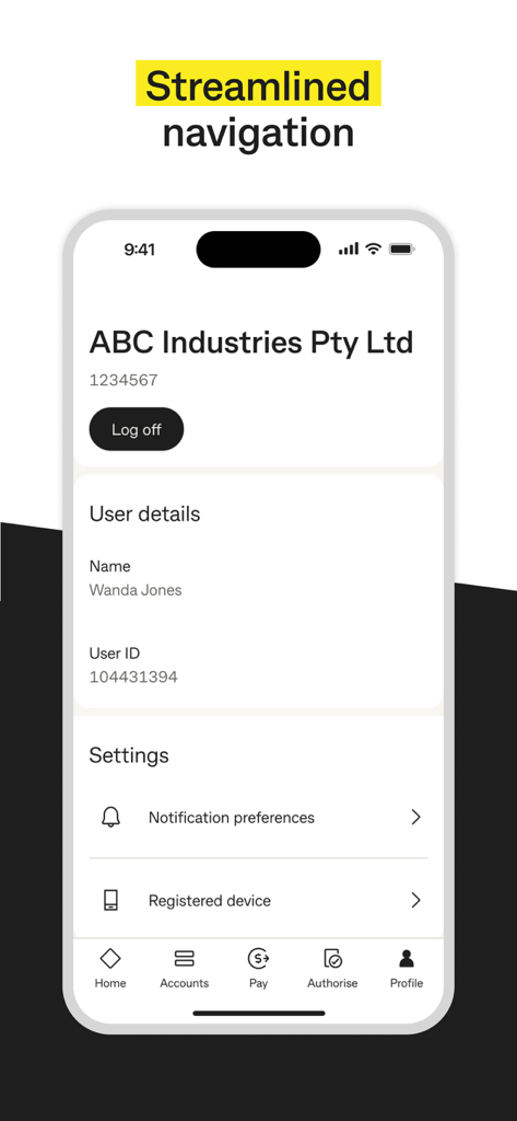 CommBiz app profile screen displaying streamlined navigation with user details and account settings.