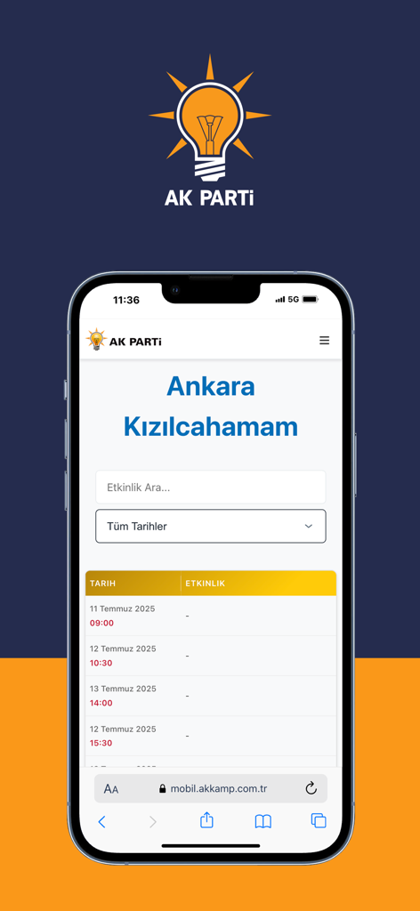 AK KAMP - A mobile interface for the AK KAMP app displaying an event schedule for the AK Party meeting in Ankara Kizilcahamam.