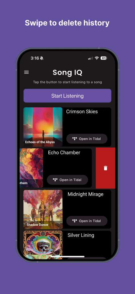 Song IQ - Smartphone screen showing the Song IQ app music history and the swipe to delete feature