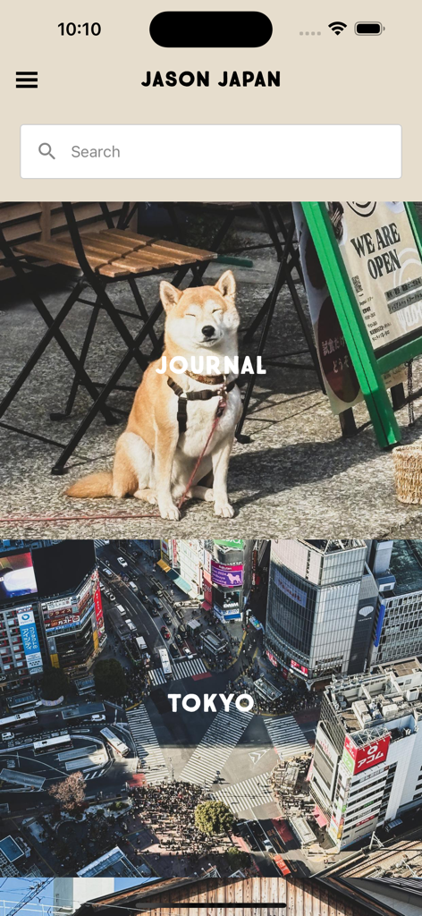 Interfaz de la aplicación Jason Japan Travel con categorías de Diario y Tokio con fotografía de alta calidad