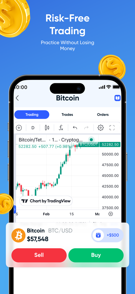 Gocrypto app interface for risk-free Bitcoin trading with real-time candlestick charts