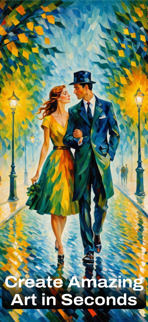 AI Art Generator-Image Creator - Pintura de estilo impresionista generada por IA de una pareja caminando por una calle colorida y lluviosa