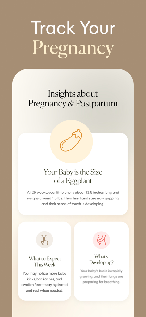 Lively - Period Tracker, Cycle - Lively app screen for pregnancy and postpartum tracking showing baby size and development insights