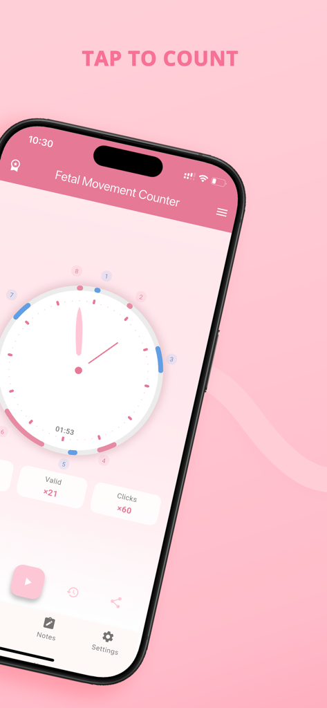 BabyKicks app interface for tracking baby kicks with a circular counter and tap to count feature