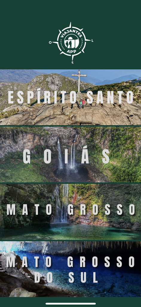 Viajantes App - Écran de l'application Viajantes montrant un menu des États brésiliens avec des photos de montagnes, de cascades et de grottes