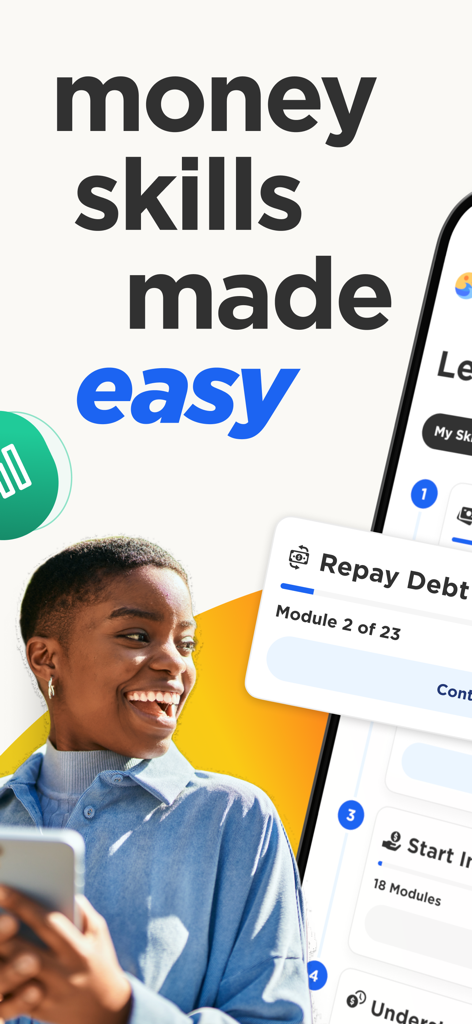 A young woman smiling while using the Zogo app to learn financial skills through bite-sized modules