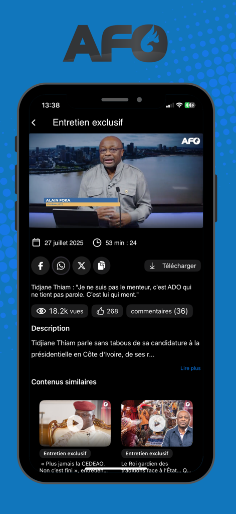 Interface of the AFO MEDIA app showing an exclusive interview video player with Alain Foka