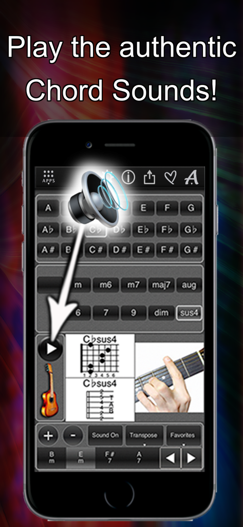 120 Guitar Chords - Interfaz de la aplicación 120 Guitar Chords que muestra la función de reproducción de sonido auténtico con diagramas de acordes y fotos de posiciones de manos.