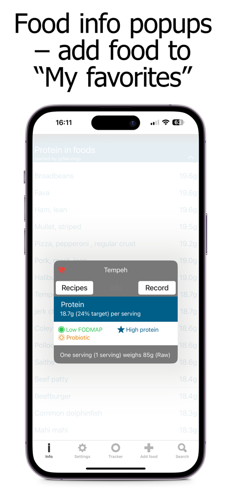 Protein Counter and Tracker - Ein Smartphone-Bildschirm, der die Protein-Zähler und Tracker App mit einem Nährwert-Popup für Tempeh zeigt, das den Proteingehalt und den FODMAP-Status detailliert beschreibt.