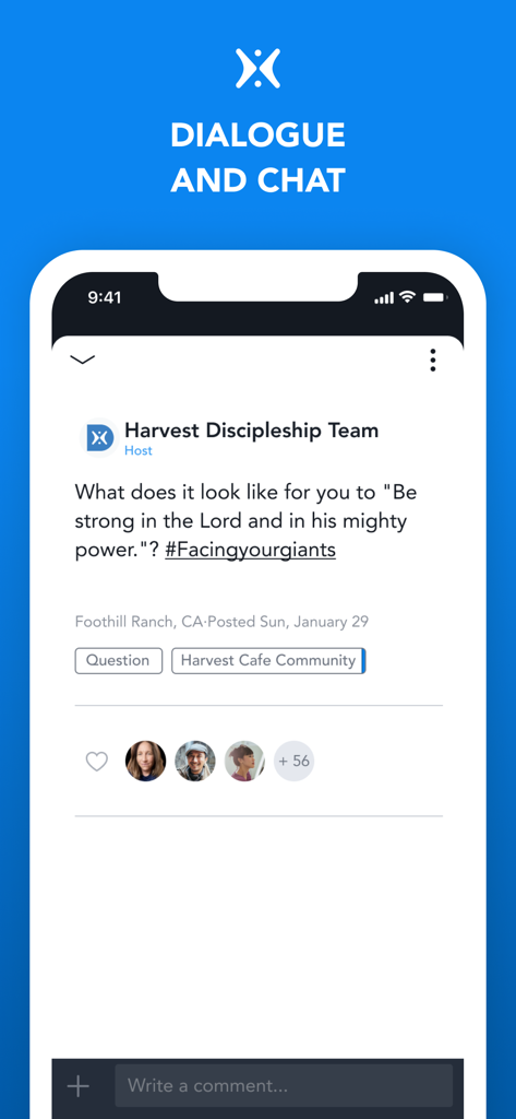Harvest Discipleship - Community chat screen in the Harvest Discipleship app showing a biblical discussion post with comments and user engagement.