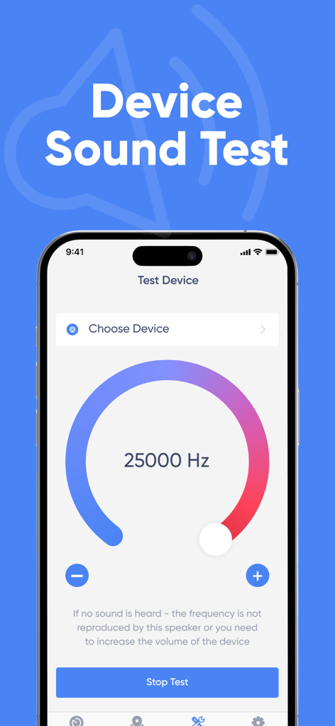 Find Lost Bluetooth Device Pro - Smartphone screen showing a speaker sound frequency test for Bluetooth devices