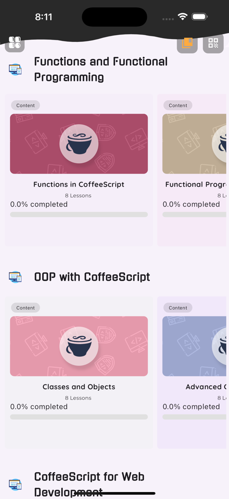 Learn CoffeeScript - Course categories for learning CoffeeScript including functions and object oriented programming