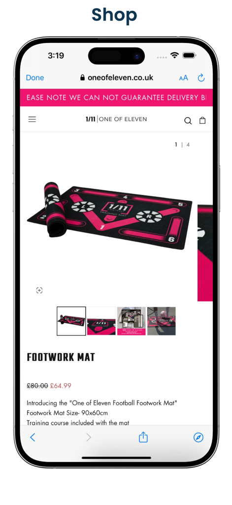 Una pantalla móvil que muestra la tienda en línea de One Of Eleven con la lista de productos de una alfombrilla de juego de pies de fútbol