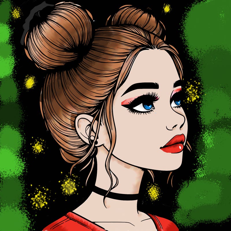 realistic girl with buns on the top of her head