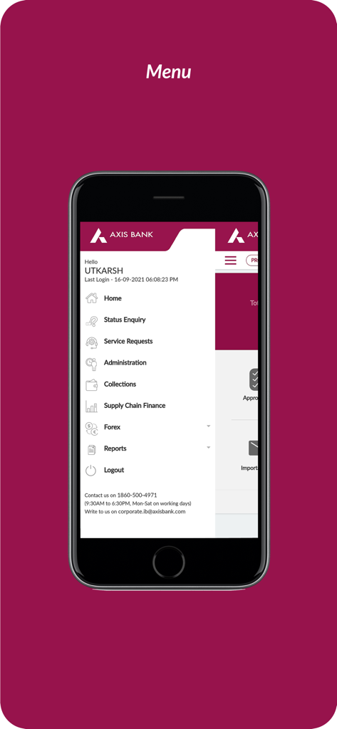 Axis Mobile - Corporate - Axis Mobile Corporate app side menu showing business banking navigation options