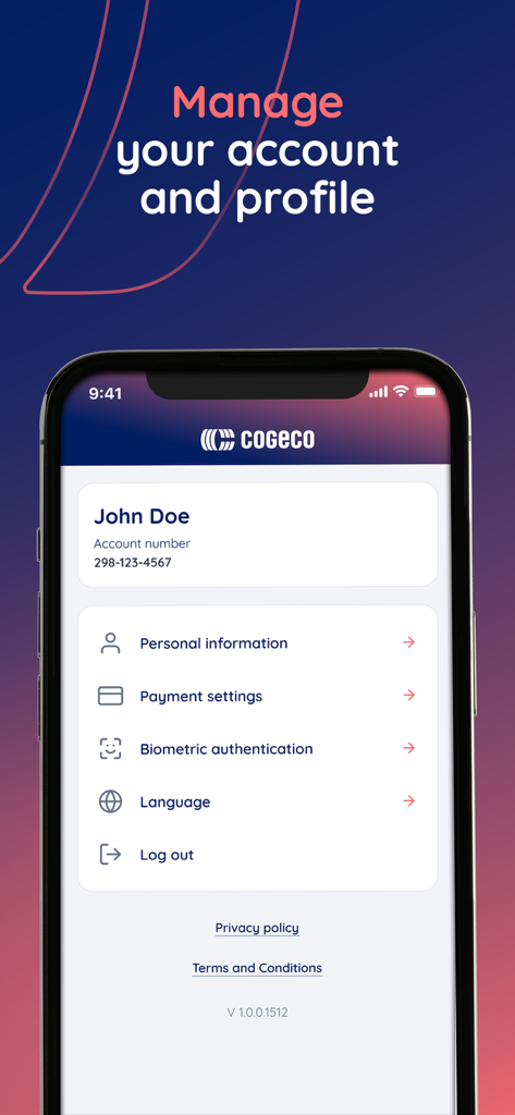 Écran de gestion du profil de l'application Mon Compte Cogeco affichant les options pour les informations personnelles et les paramètres de paiement