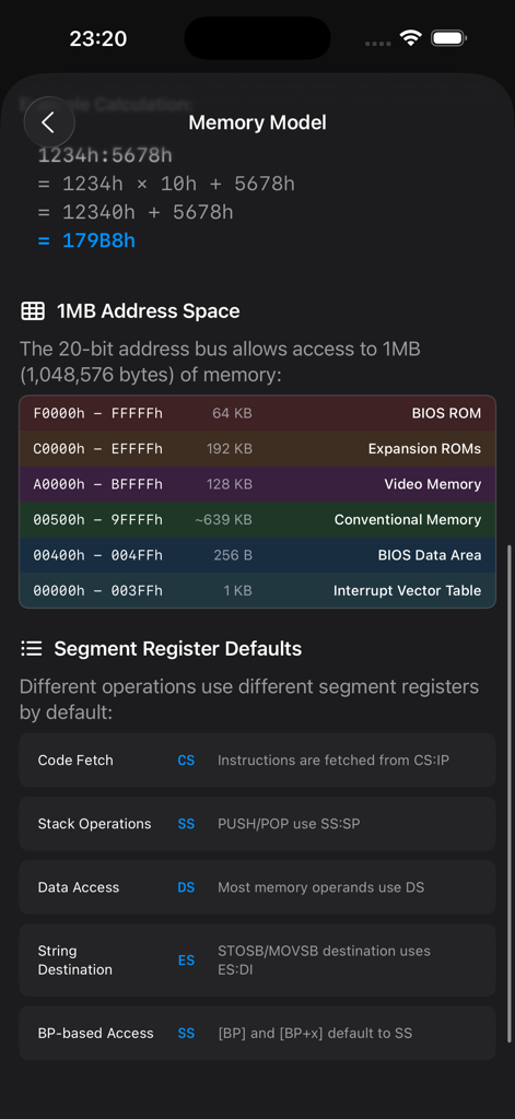 Assembly Lab: 8086 NASM IDE - Visual map of the 8086 1MB memory address space and segment register default mappings