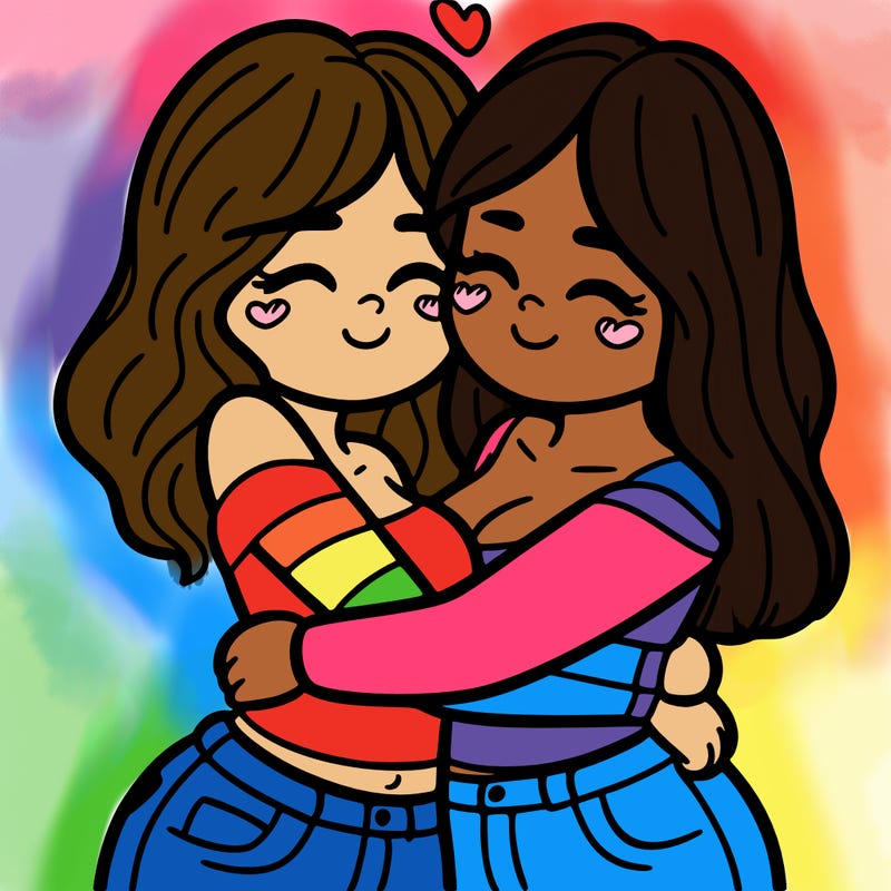 two females (pride month) hugging