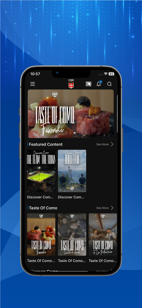 Como TV - Schermata principale dell'app Como TV che mostra categorie di video lifestyle e sportive