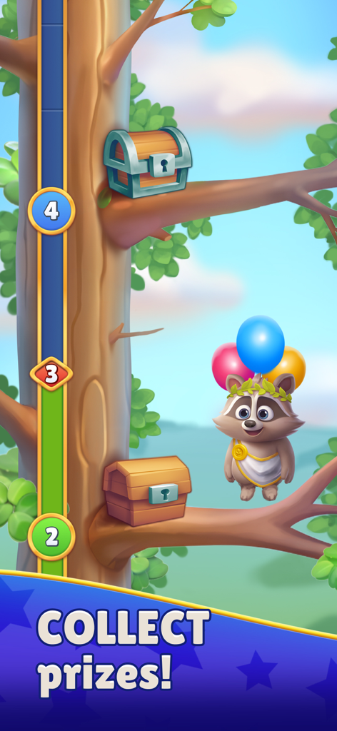 Niko the raccoon next to treasure chests in the Mighty Match puzzle game