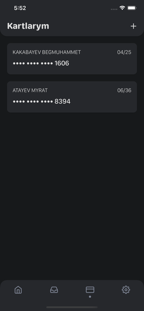 TMCELL Töleg - TMCELL Toleg app interface showing a list of saved bank cards for mobile top ups