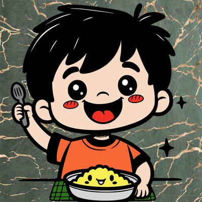 smiling and funny little boy eating