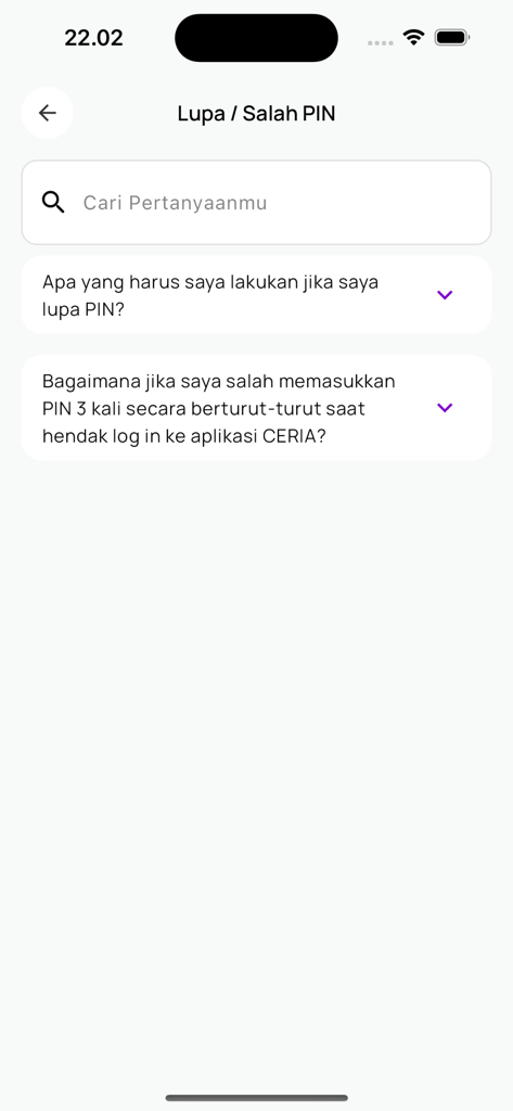 BRI Ceria - Tela de central de ajuda do BRI Ceria para problemas de PIN esquecido ou incorreto