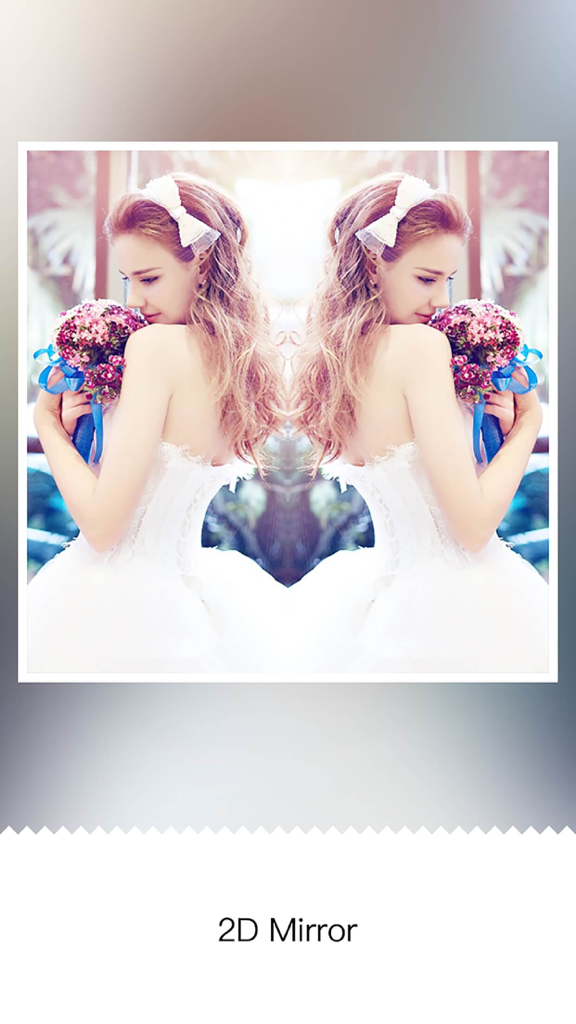 Mirror Pic Collage HD -  Insta Mag and Photo Mirror Collage Photo Editor - 花を持つ女性のポートレートに2Dミラー反射エフェクトを示すMirror Pic Collage HDのスクリーンショット