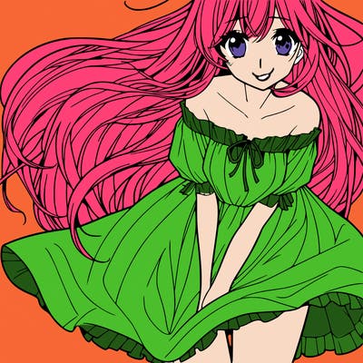 manga girl with long flowing hair and a dress that is pushed down