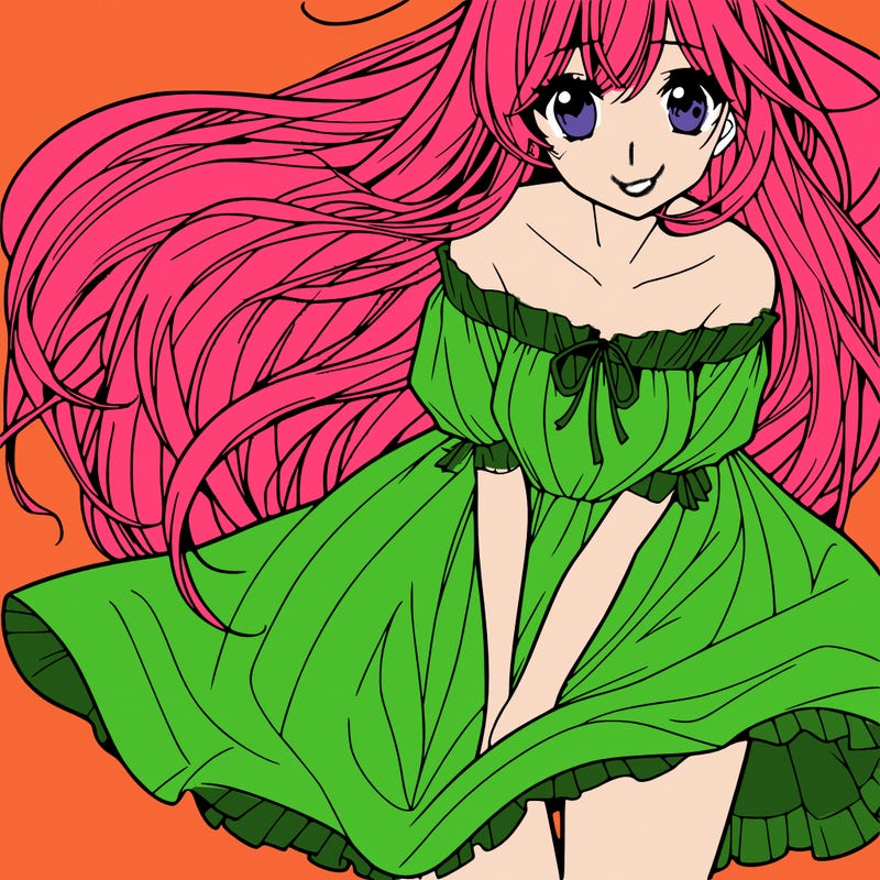 manga girl with long flowing hair and a dress that is pushed down