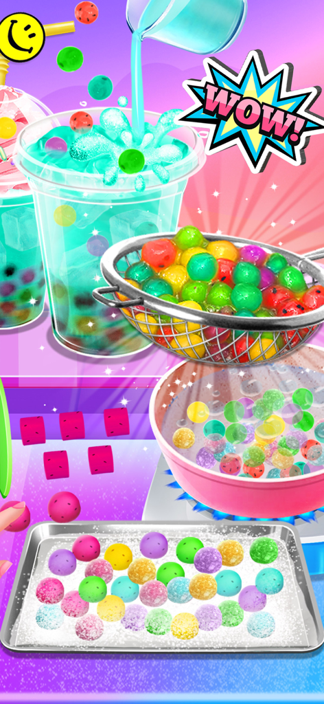 Colorido proceso de elaboración de bubble tea casero con diversas perlas de boba y toppings.