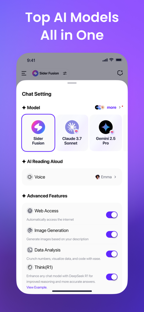 Sider: AI GPT Deep Chat - Sider AI app interface showing model selection for Claude and Gemini with advanced chat settings