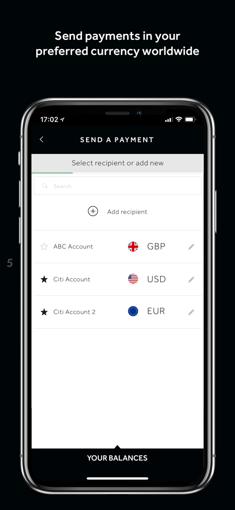 Centtrip - Centtrip mobile app interface for sending international payments in multiple currencies including GBP USD and EUR.