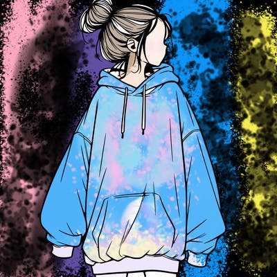 realistic girl with a oversized sweatshirt on and a bun
