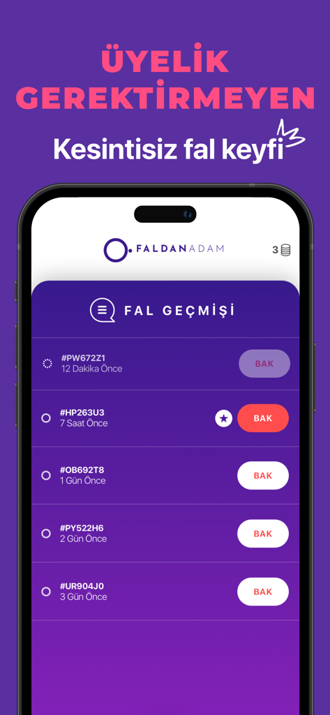 A screenshot of the FaldanAdam mobile app displaying the fortune telling history screen with a list of past coffee reading results