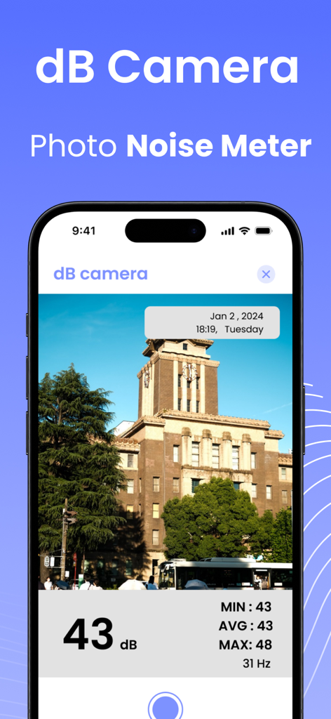 Clear Wave - Clear Water Eject - Smartphone screen displaying the dB Camera feature of the Clear Wave app measuring ambient noise levels with a photo