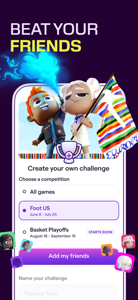 Omada - Make Sport Social - Interfaz de la app Omada para crear un desafío deportivo personalizado e invitar amigos