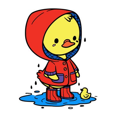 baby duck in a rain coat and boots, in a puddle while it’s raining