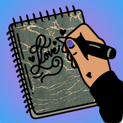a hand writing “love” in calligraphy on a notebook