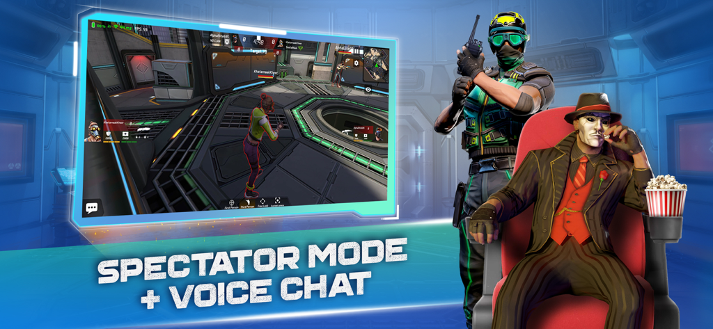 MaskGun game screenshot featuring spectator mode and voice chat with two custom characters including a masked man in a suit.